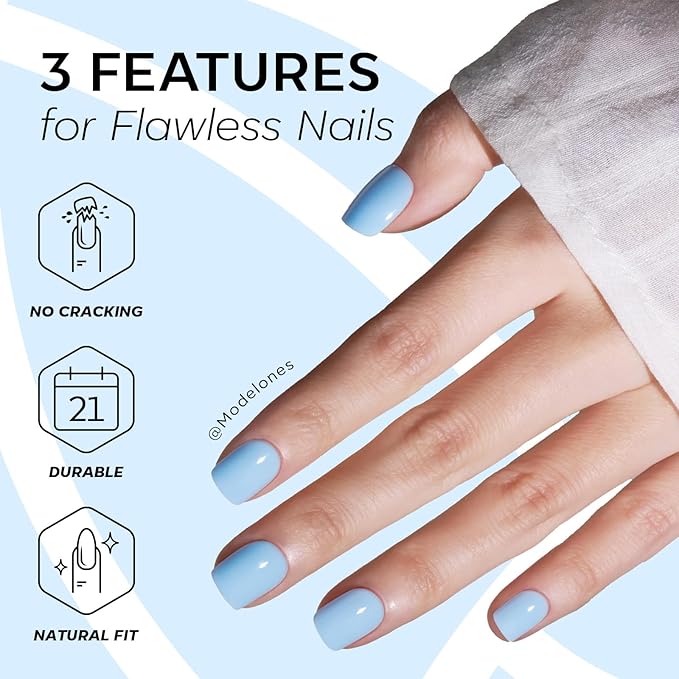 Modelones Extra Short Press on Nails, Squoval Fake Nails, Reusable Nail Kit with Nail Glue Adhesive Tabs Mini Nail File, Nails Press Ons 32Pcs 16 Sizes, Baby Blue, Spring Women Girl Gift