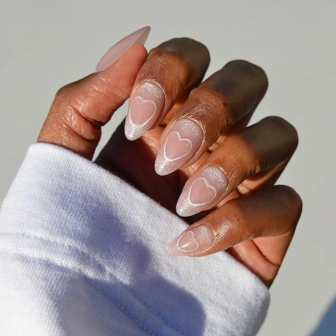 Valentines Day Glamnetic Press On Nails - Soulmate Energy | Short Almond Fake Nails in a Nude Pink Base with Cat-Eye Magnetic Heart Designs in a Velvet Finish | 15 Sizes - 30 Nail Kit with Glue