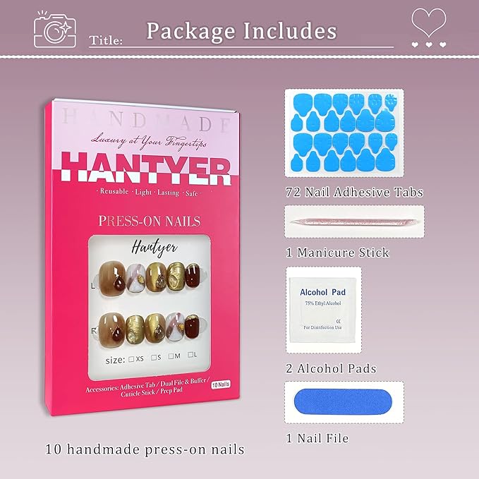 Amber Press on Nails with Handmade 3D Water Droplets & Gold Lines - Short Squoval Glossy Soft Glam Fake Nails, Reusable Elegant Vintage False Nails for Women Fall Winter Season Party, Size M
