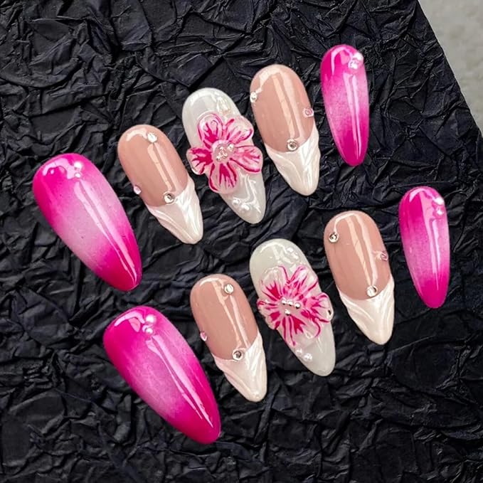 Luxury Press on Nails Medium Almond Handmade 3D Unique Reusable ABS Material Fake Nails White French Tip False Nails with Designs Flower Art Petal Pink Glossy Glue on Nails Thick Acrylic Nails(S)