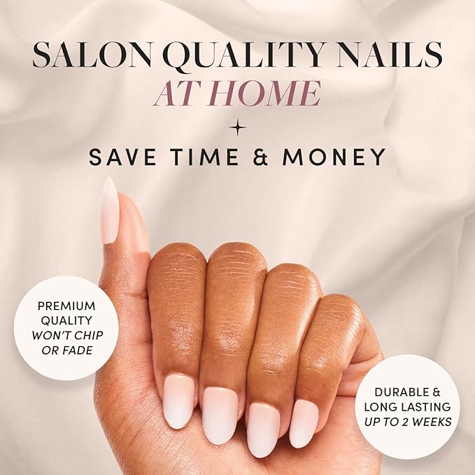 Glamnetic Press On Nails & Brush On Nail Glue Bundle - Creamer | Neutral Ombre Short Round Nails, Reusable | 15 Sizes - 30 Nail Kit with Glue