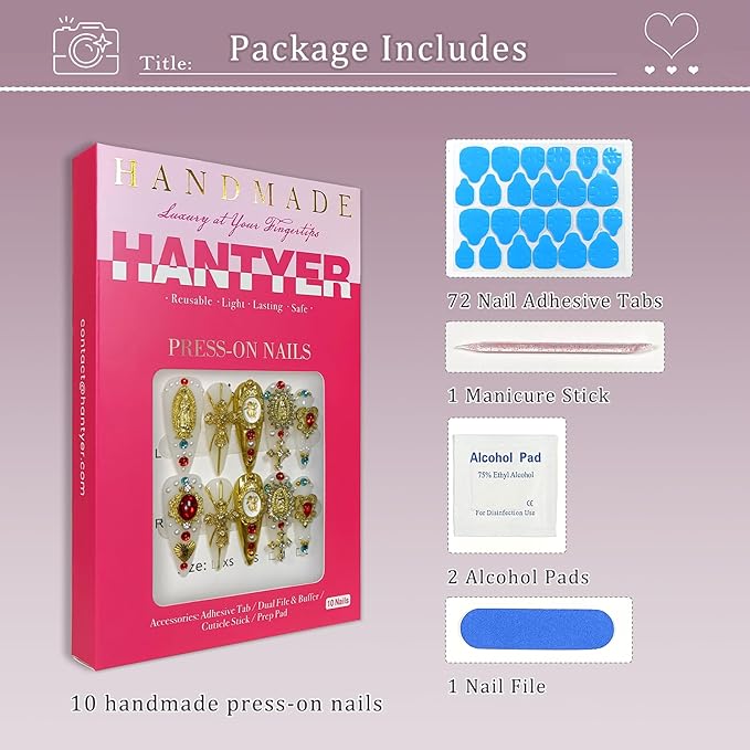 White Press on Nails with 3D Carving Flowers, Gold Madonna & Cross Charms, Long Stiletto Glossy Iced Baroque Fake Nails, Reusable Religious Vintage False Nails for Women Wedding Opera (Size S)