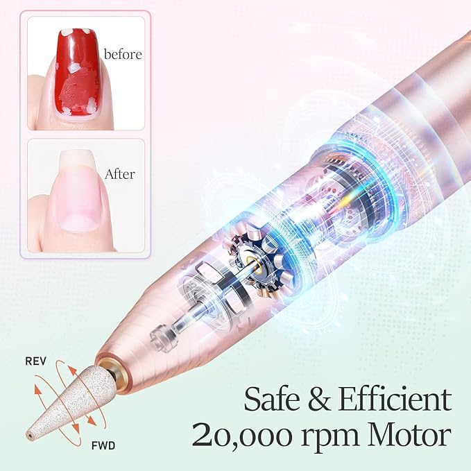 20000RPM Electric Nail Drill Rechargeable Compact Portable Efile Professional Manicure Cordless Pedicure Nail File Drill Kit for Acrylic Gel Nails and Home Salon Use