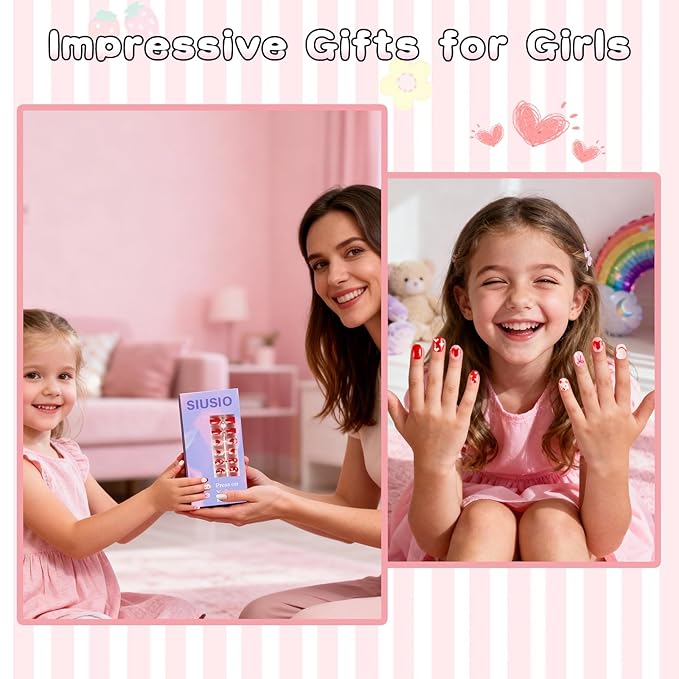 SIUSIO 3Pack Children Acrylic Fake Nails, 72pcs Press on Full Cover Glitter Short Red Heart False Nail Art Kits Set with Sticker Tabs Nail Glue for Kids Little Girls Christmas Gifts - Blossom Sweetie