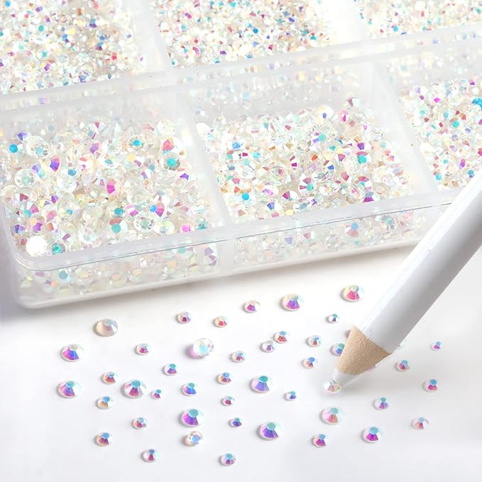 Beadsland 7200pcs Flatback Rhinestones,Transparent Rhinestone Nail Gems Round Crystal Rhinestones for Crafts,Mixed 6 Sizes with Wax Pencil Kit, SS3-SS10,Transparent AB