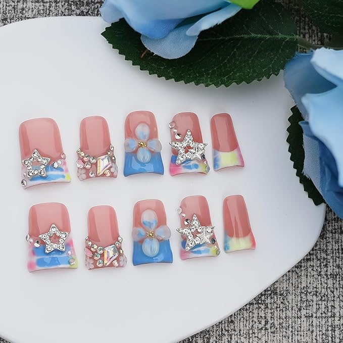 Press on Nails Duck Shape 3D Floral Metallic Star Design Luxury Thick Acrylic Fake Nails Rhinestones Petal Flower French Tip Blue False Nails (Pastel Pink-Blue Stellar,M)
