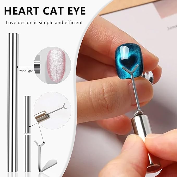 46Pcs Cat Eye Nail Magnet Tool Set, Cat Eye Heart Magnets for Nails, Double-Head Nails Magnet Stick, Round Magnetic Beads, Heart Cat Eye Gel Polish Magnets Tools for Women DIY Manicure