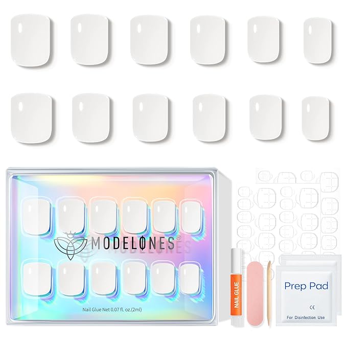 Modelones Extra Short Press on Nails,Sheer White Semi-Transparent Squoval Fake Nails, Reusable Nail Kit with Nail Glue Adhesive Tabs Mini Nail File, Nails Press Ons 32Pcs 16 Sizes, Women Girl Gift