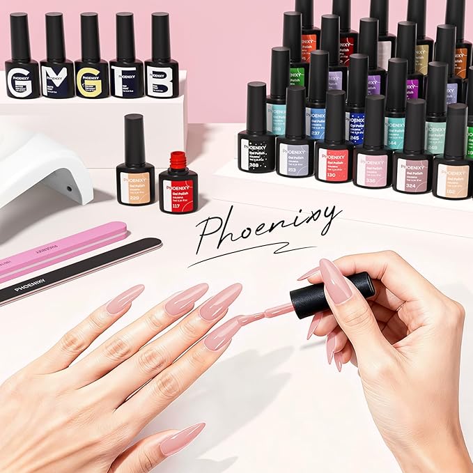 PHOENIXY 53 Pcs Gel Nail Polish Kit with U V Light Nail Drill, 35 Colors Gel Nail Kit 5 Pcs Glossy Matte Glitter Gold Sliver Top Base Coat Red for DIY Home Manicure Nail Sets Gift for Women