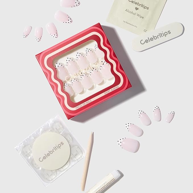 Nail Art Press-Ons | Milky Polka, Short Almond Nails, Reusable | 16 sizes - 32 Nails Kit with Super-hold Nail Glue and Sticky Tabs