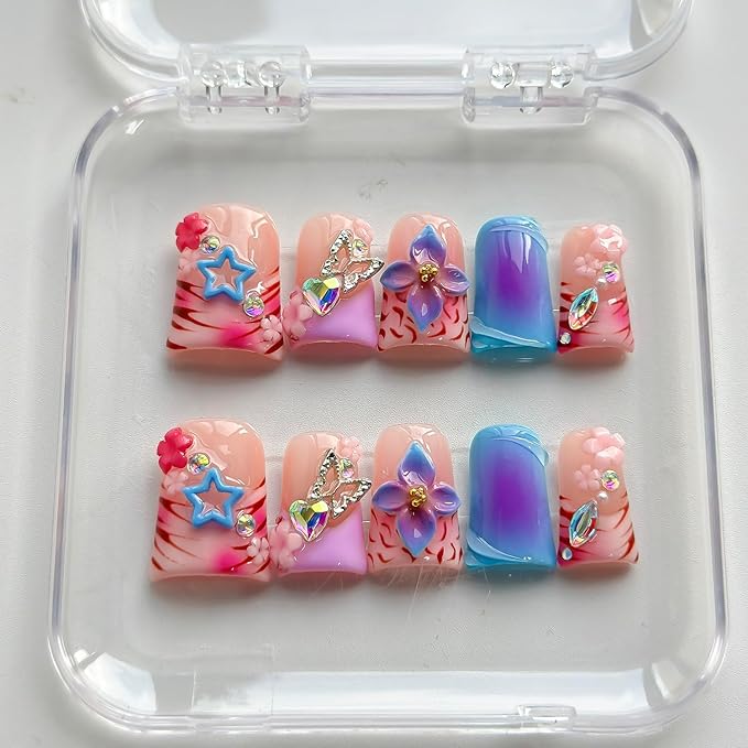 Luxury Press on Nails Short Duck Handmade 3D Unique Reusable ABS Material Fake Nails French Tip False Nails with Designs Stars Flower Butterfly Rhinestones Glossy Glue on Nail Thick Acrylic Nail(S)