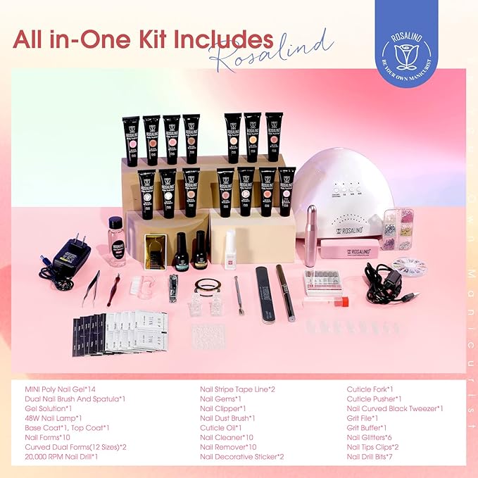 Poly Nail Gel Starter Kit with Drill -14 Colors + 75 Nails Art Accessories Kits, ROSALIND Nue Clear Poly Extension Gel with Big UV Light 48W and Electric Nail Drill Starter Kit with Everything