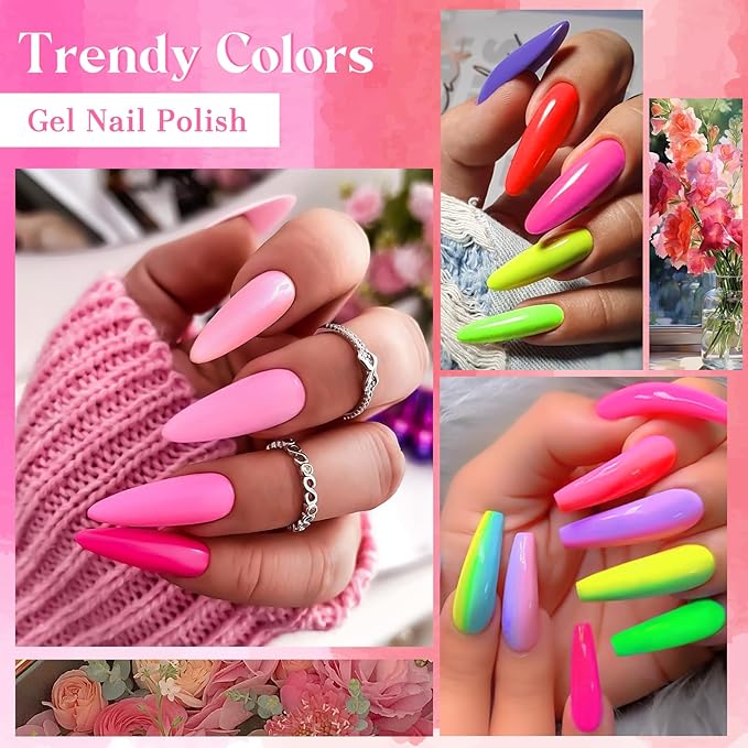 12PCS Bright Gel Nail Polish Kit - Purple, Pink, Green, Rainbow - All Season Fun DIY Manicure Kit