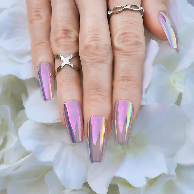 Hypnaughty 24 Pcs Mauve Chrome Coffin Medium Long Press On Nails and Glue Reflective Mirror False Nails (Mauve Chrome)