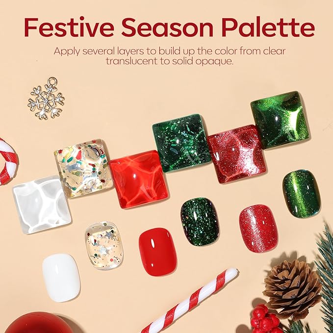 modelones Gel Nail Polish Set, 6 Colors White Red Dark Green 9D Cat Eye Gel Polish Gold Stars Ornament Glitter Nail Polish with Stickers & Magnet & Wooden Stick LED Mani DIY Gift