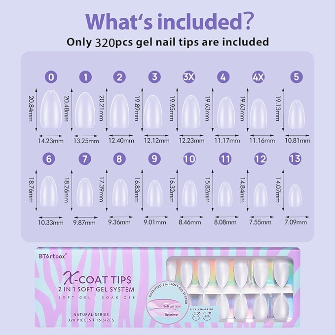 BTArtbox Short Almond Nail Tips - Natural Short Fake Nails with Tip Primer Full Cover, Stronger Nail Adhesion, Clear Soft Gel Nail Tips for Nail Extensions DIY Art