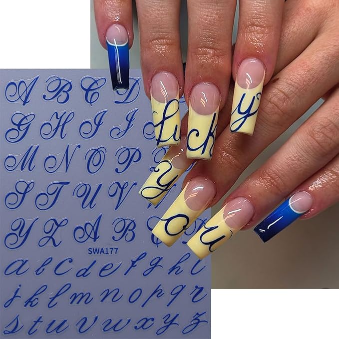 Retro Letters Nail Art Stickers Decals 8 Sheets Old English Letter Nail Stickers 3D Self-Adhesive Black Gold Red Blue Personalized Alphabet Nails Design Sticker para Uñas for Women DIY Manicure Tips