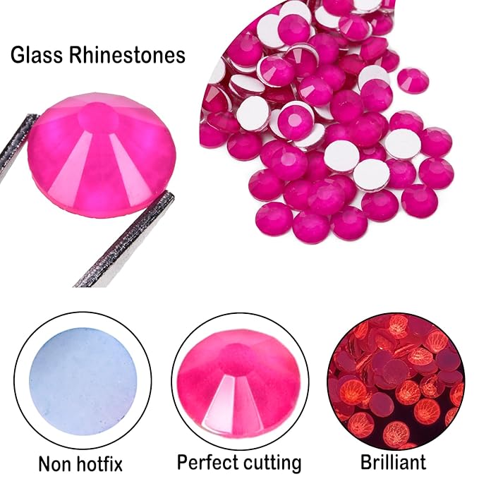 Flatback Glass Rhinestones,Bedazzler Gems Non Hotfix Crystal Rhinestones for Crafts Nail Charms Clothes Tumblers,Hot Pink Neon,Mixed Size,35g
