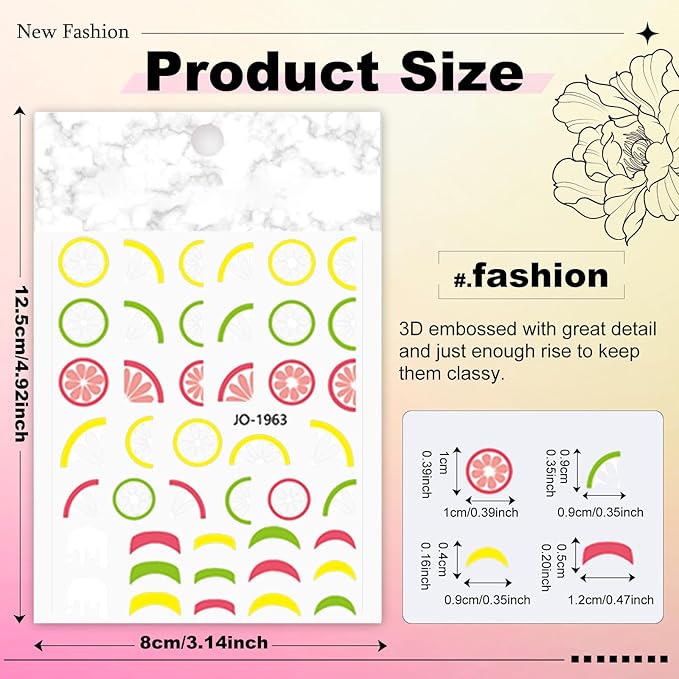 6 Sheet Fruit Nail Sticker for Nails Art 3D Embossed Self-Adhesive Cute Peach, Cherry, Lemon, Watermelon, Strawberry, Avocado Nail Decal Design Supplies for Women DIY Manicure Art Decoration YX1243