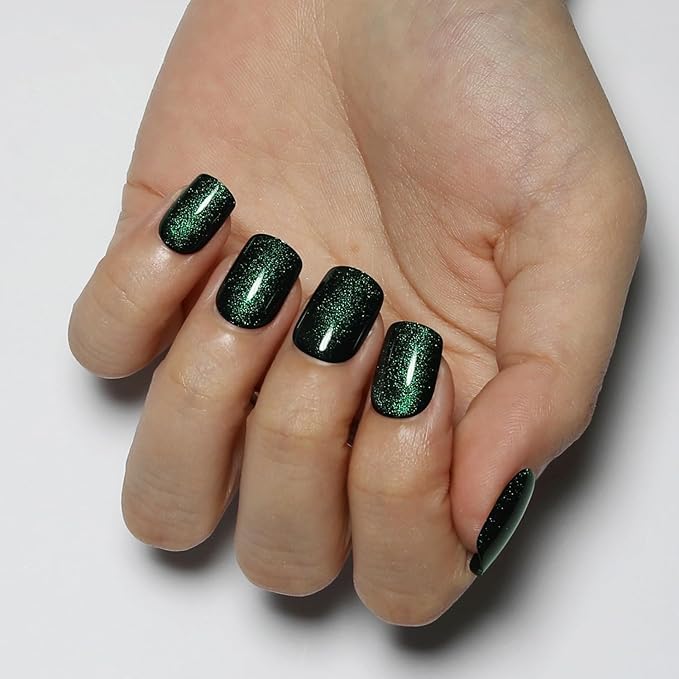 Crystal Spirit Green Press on Nails Short Square, Cat Eye Press on Nails, Fashion Gel Fake Nails, Reusable Acrylic Fake Nails, Glossy Stick on Nails, Thick Reusable Glue On Nails for Women