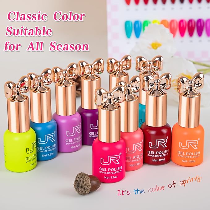 JR Gel Nail Polish 10pcs 0.4oz Neon Gel Nail Polish Set Vibrant Neon Colors Nail Art Kit for Rave & Summer Festivals, Elegant Bow Bottle Design, Quick Dry & Chip-Resistant Gifts for Women E Model