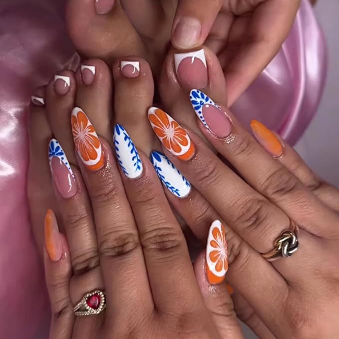 48Pcs Short Square Press on Toenails Medium Almond Press on Nails White French Tip Fake Nails with Blue Flower Design Glossy Orange Fruit False Nails Summer Toenails for Women Girls Manicure