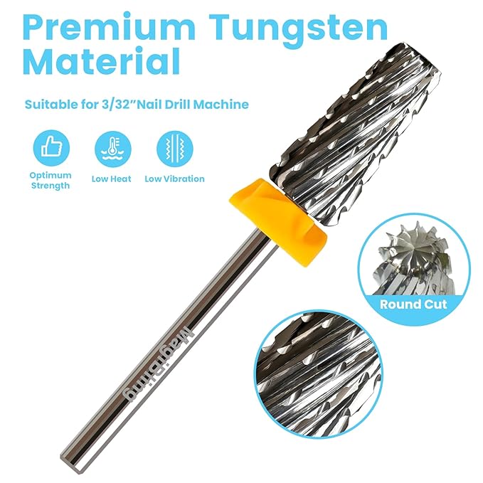 6.6mm Large Tapered Barrel 5-in-1 Nail Drill Bit, 3/32" Cross-Cut Tungsten Carbide Efile Bit for Fast Gel & Acrylic Removal, Two-Way Rotation, Professional Nail Tech & Beginner Bit, Double Coarse.