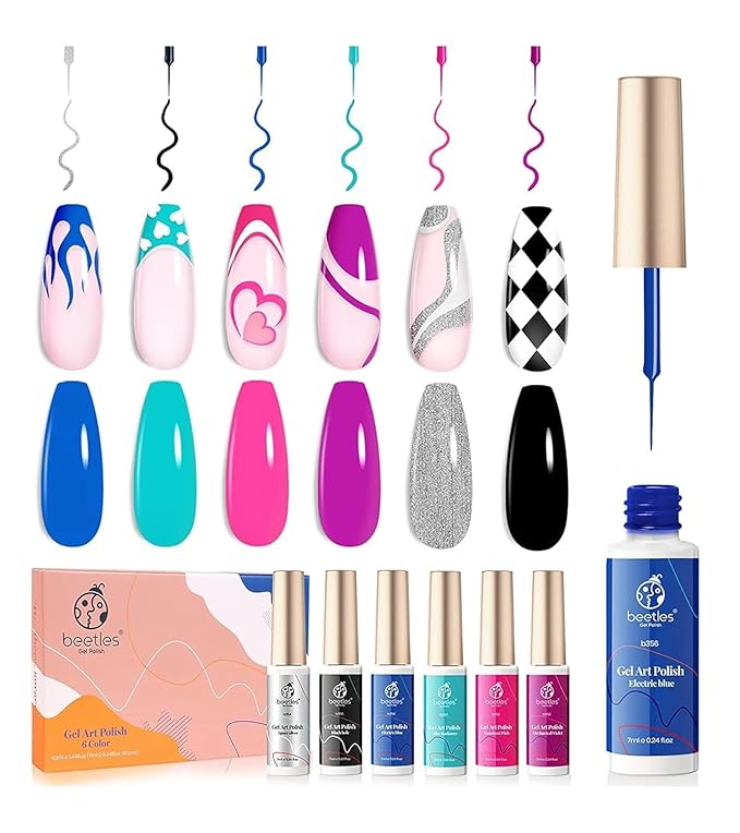 Beetles Gel Liner Nail Polish, 6 Colors Nail Art Paint for Swirl Nails Neon Blue Hot Pink Sliver Glitter Gel Polish Cyberpunk's Futurism Built Thin Nails Art Pens Brush