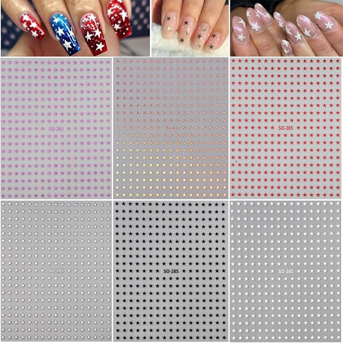 6 Sheets Mini Star Nail Art Stickers for Acrylic Nails 3D Self-Adhesive Sparkling Colorful Stars Nail Art Decals with Small Five-Pointed Star Design Nail Sticker for Women DIY Manicure Decor Supplies
