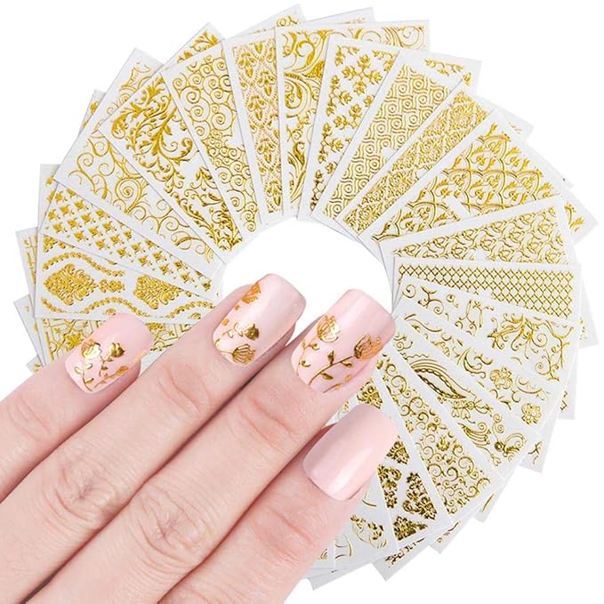 KISSBUTY Metallic Flowers & Vine Nail Decals - 20 Sheets 3D Flower Lace Adhesive Stickers - Gold Floral Nail Decor