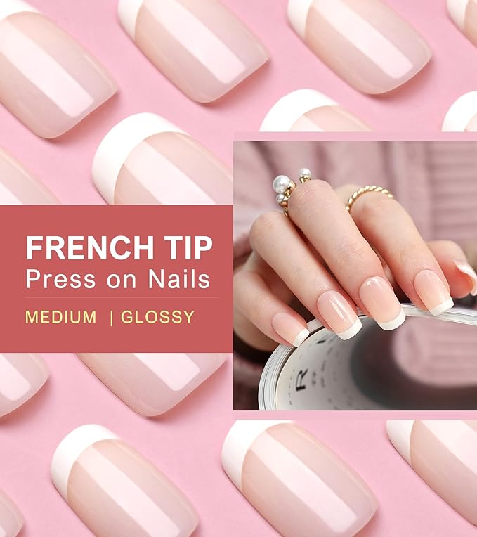 Morily 30PCS Press on Nails, Thicker Fake Nails with Designs Acrylic Stick on Nails for Women Full Cover Finger Manicure False Nail tips in 15 Sizes (Classic French - Nude Pink)