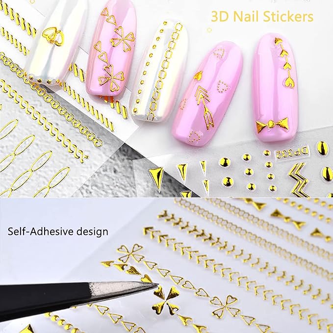 Gold Nail Art Stickers, Metallic Chains Line Triangle Heart Circle Letters Stars Square Nail Self-Adhesive Sticker Designs, Gold Nail Transfer Decals Supplies for Women Girls Manicure Decorations