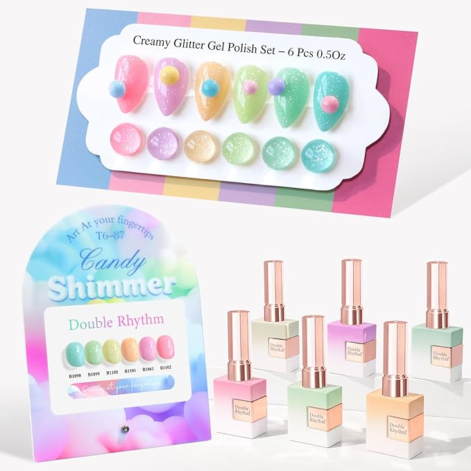 Double Rhythm 6 Pcs 15 ML Glitter Gel Polish Set Same Color Same Bottle Soak Off Gel Polish Kit Nail Art Manicure Salon DIY at Home (Shimmer Pink Green Blue Purple Orange Yellow-T6-87)