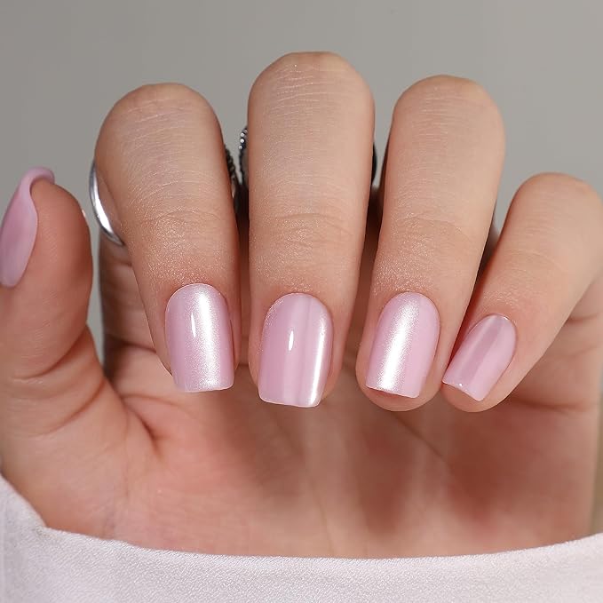 Pink Gel Press On Nails Square - Short Fake Nails With Glue, 16 Sizes, 32Pcs Reusable Soft Artificial Tips Kit