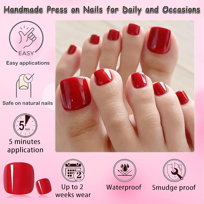 LoveOurHome Colored Press on Toenails Short Square Fake Toe Nails Tips Glossy Full Cover Artificial False Toenail French Pedicure Decor 24 Colors for Women Teen Girls
