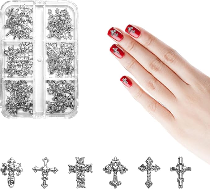 3D Alloy Metal Crystal Cross Nail Charms - 60 Pcs Ideal for Women and Girls' DIY Punk Nail Art, with Rhinestones, Great for Salons & Fashion Events (60, Silvery)