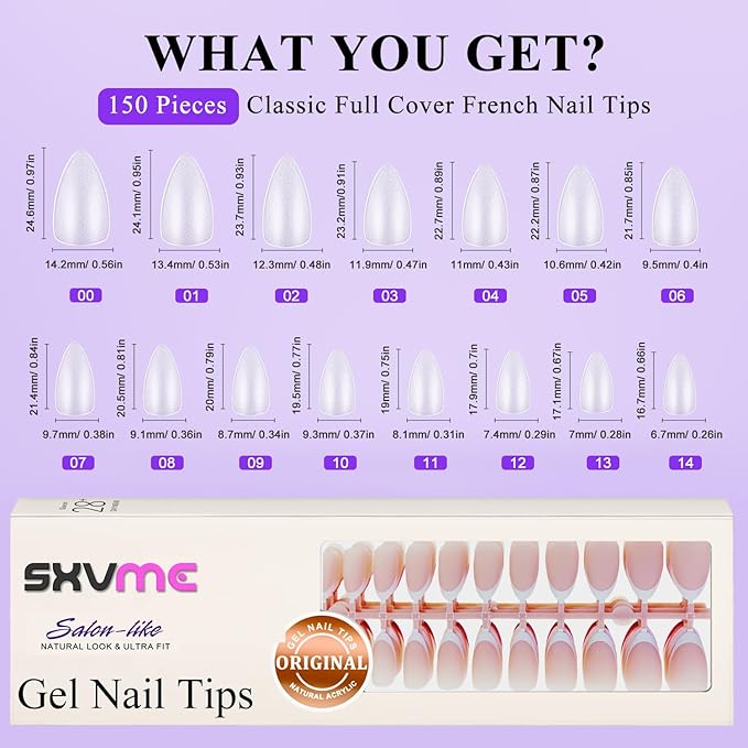 Gel French Tip Nails Medium Almond French Tip Press on Nails SXVME White French Nail Tips 150Pcs Pre-applied Tip Primer Natural Skin Tones Fake Nails Extensions Gel Nail Kit for Women Girls DIY