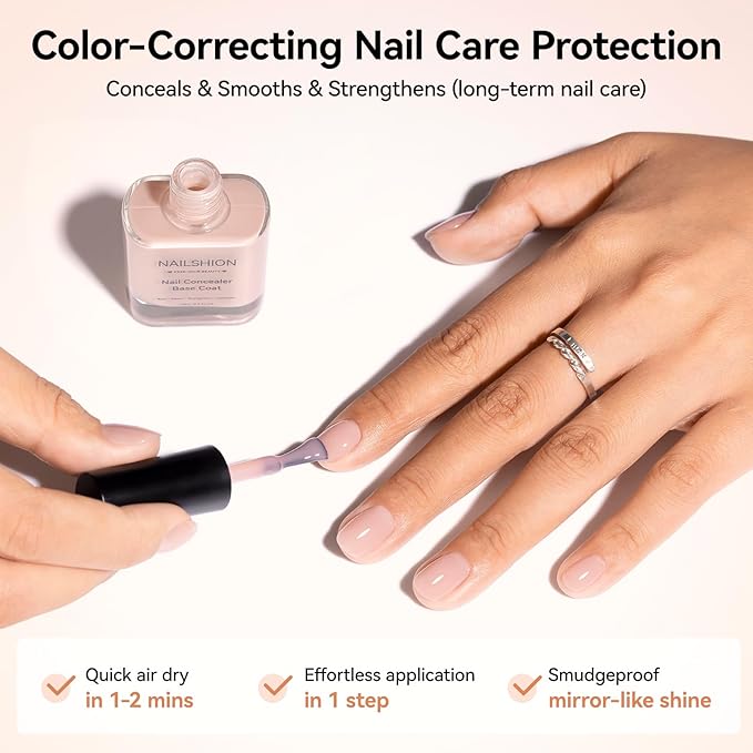 4-in-1 Illuminating Nail Concealer Base Coat Foundation Ridge Filler Sheer Brightening Nail Polish Growth & Strengthener for Damaged, Yellowing, or Discolored Nails, 15-free, Air Dry