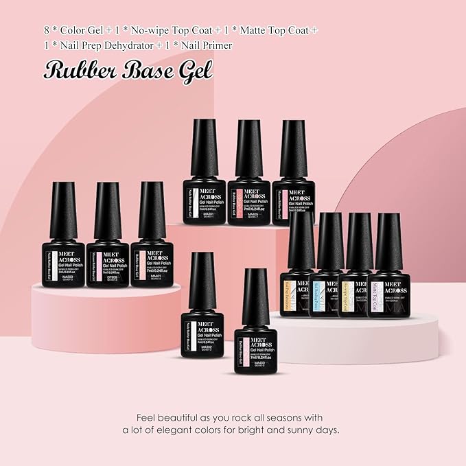 MEET ACROSS Rubber Base Gel Set 12 Pcs, 8 Colors Jelly Builder Base Nail Gel Nude Sheer White Pink Shimmer, 2-in-1 Soak Off Base Gel Nail Strengthener