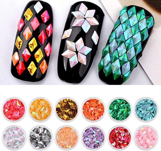 Nail Art 3D Rhombus Glitter Sequins Diamond Shape Design Shiny Nails Tip Confetti Paillette Decoration for Nail Charming Face Body Hair Makeup 12 Colors