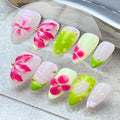 100% Handmade Press on Nails Medium Almond Handmade Nails with Pink Flower Charm Design Glossy Green French Tips Fake Nails Gold Pearl Nail Press ons Spring Summer Nails for Women Size L 10Pcs