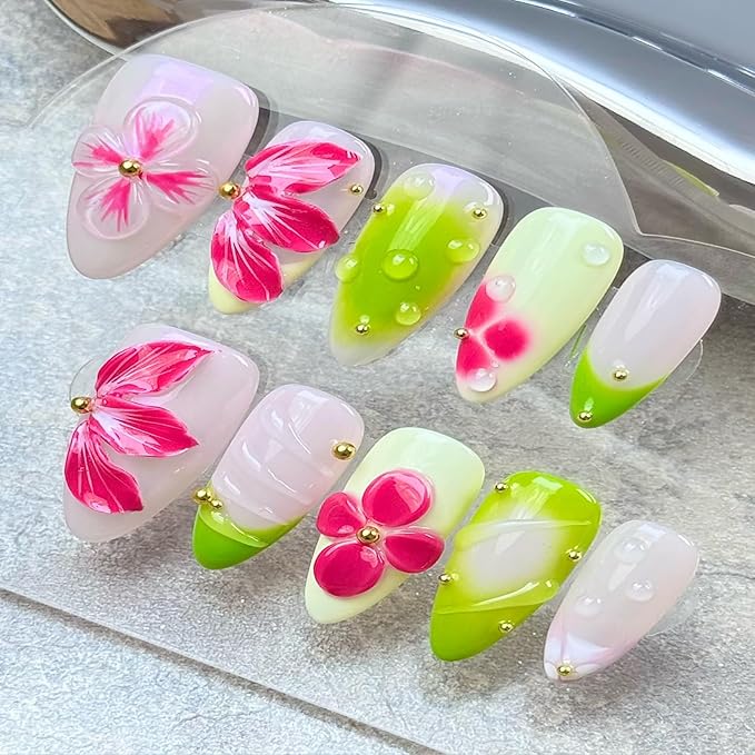100% Handmade Press on Nails Medium Almond Handmade Nails with Pink Flower Charm Design Glossy Green French Tips Fake Nails Gold Pearl Nail Press ons Spring Summer Nails for Women Size L 10Pcs