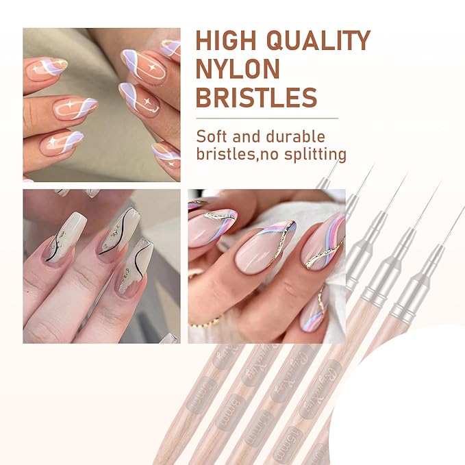 5PCS Wooden Nail Art Brush - Liner Brush For Nail Gel Fine Drawing,Thin Liner Nail Brush Set Size 5/8/11/15/20mm Striper Brushes Set Christmas Gift for Women