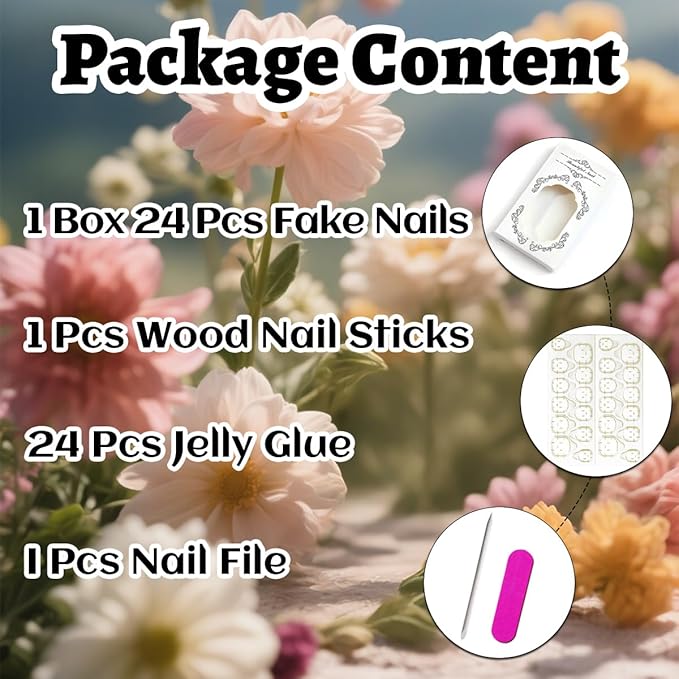 30Pcs Almond Press on Nails Medium French Tip Fake Nails with 3D Pearl Butterfly Rhinestone Designs Cute Glue on Nails Gold Chrome Bow Acrylic Nails Rose Flower False Nails Supplies for Women