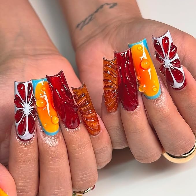 Square Press on Nails Long Gradient Fake Nail Blood Orange with Water Drop Design Acrylic Nail Press ons Embossed Lemon Stick on Nail for Women 24pcs