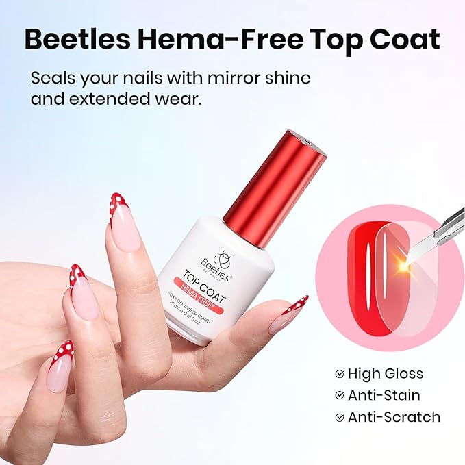 Beetles HEMA-Free Gel Top Coat 15ml, TPO Free No Wipe Top Coat Gel Polish 2026 Upgraded Formula Long Lasting U V LED for DIY at Home & Salon Manicure