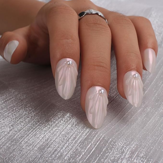 evpct Chrome Press on Nails Short Almond, Glazed Aurora White Holographic Glossy Acrylic Soft Gel Fake Nails Kit with 3D Shell Pearl Designs, Stick on Nails with Nail Kit, Reusable Stick on Nail Kit