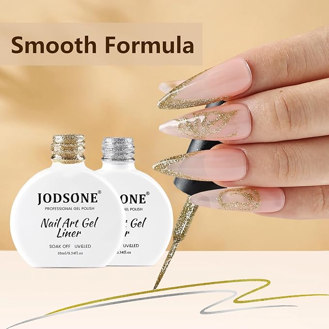 JODSONE 2Pcs Swirl Nail Art Liner Gel Polish,10ml Classic Color 3D Nail Art Pens Effect Nail Print Design with Thin Brush for French Tips Manicure Painting DIY at Home,Glitter Gold & Silver
