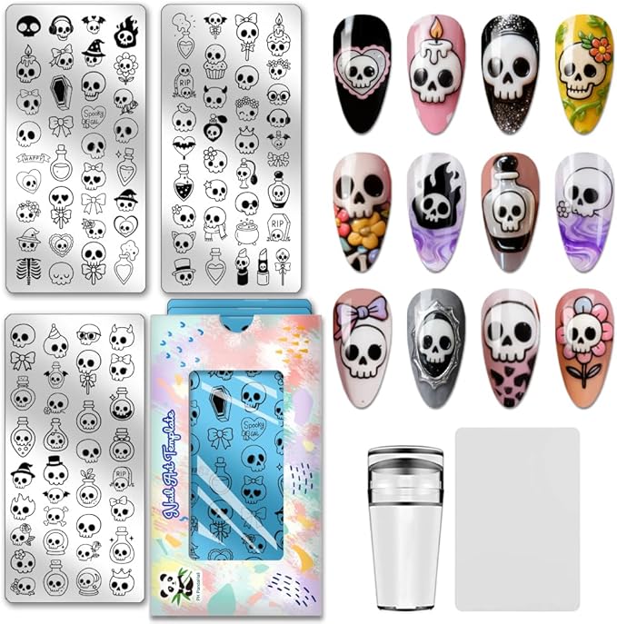 PH PandaHall 3pcs Cartoon Skull Nail Stamping Plates, Spooky Skull Vial Nail Art Templates Gothic Style Stainless Steel Image Plate Art Stencils with Tool for DIY Print Manicures Salon Design Decor