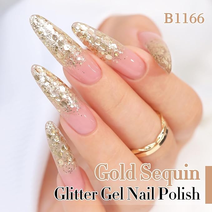 Double Rhythm 0.5Oz Glitter Gel Polish Shimmer Reflective Color for Nail Art Salon DIY Soak Off 15ml Nail Lamp Gel Polish at Home (Golden-B1166)